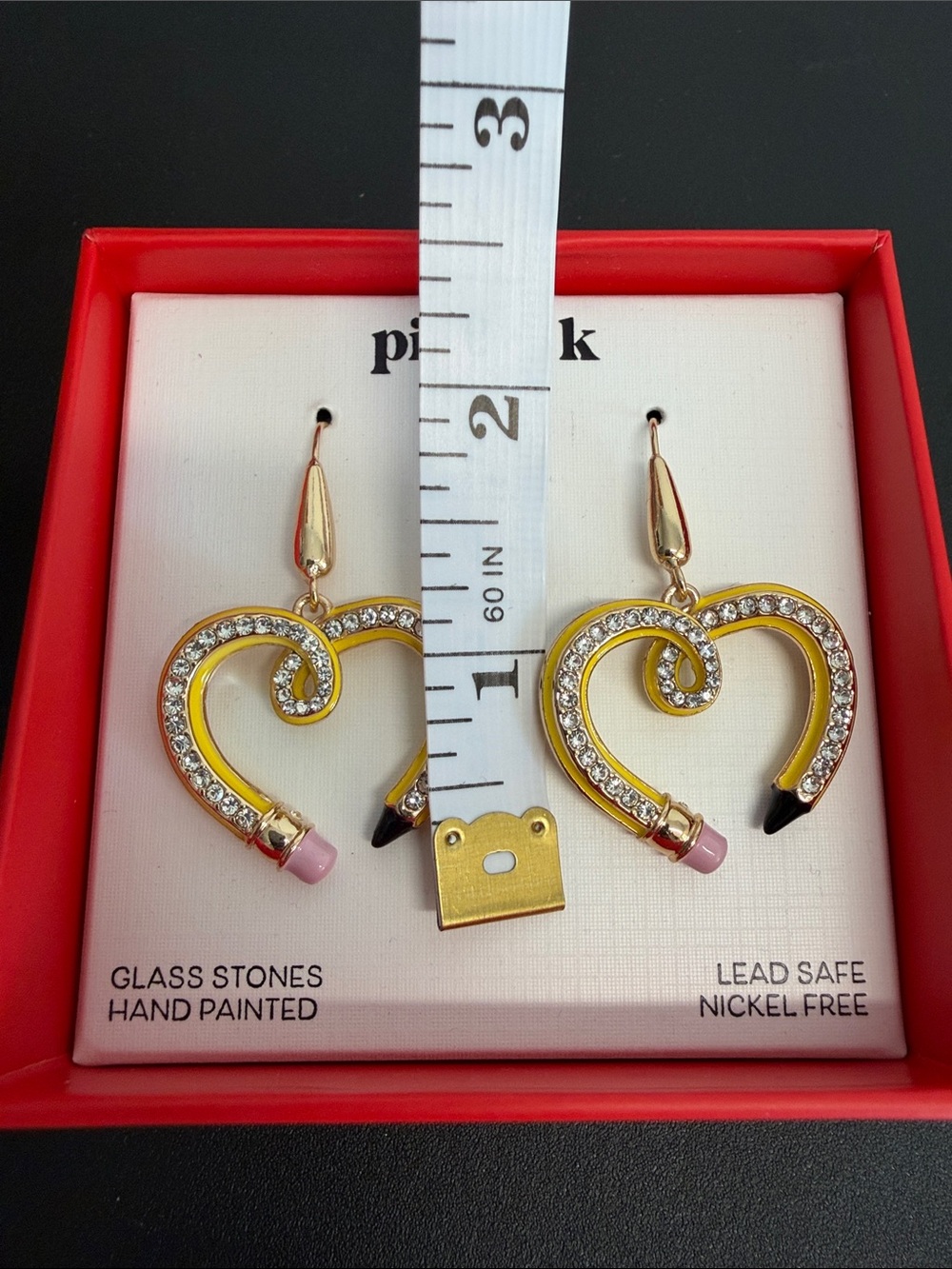 Piper K | Whimsical Yellow Heart Pencil Drop Rhinestone Earrings - Picture 7 of 7
